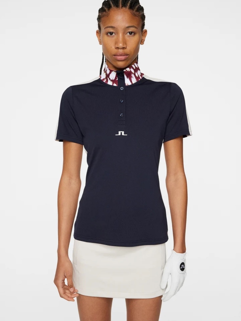 J.Lindeberg Navy Short-Sleeve Polo with Patterned Collar